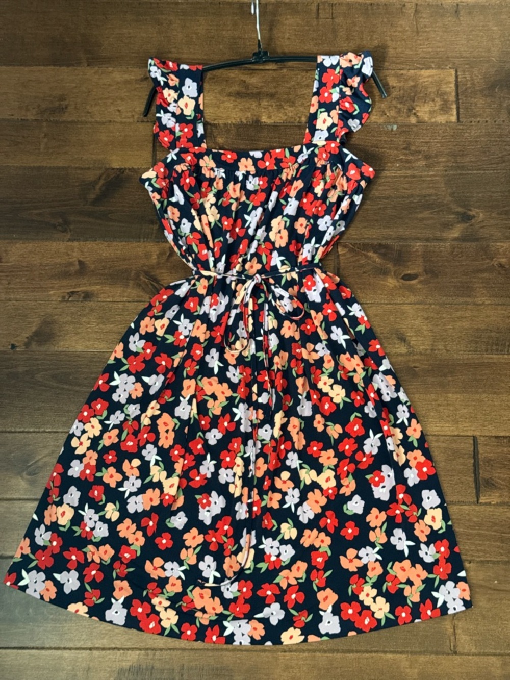 Ann Taylor Factory Navy Midi Dress with Red, Pink & Coral Floral Print Size S